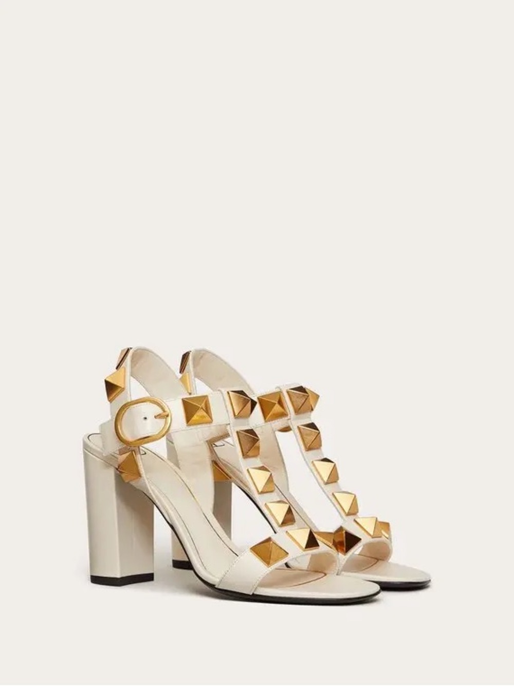 Valentino Garavani White Leather Block-Heel Sandals with Gold Pyramid Studs - Picture 2 of 7